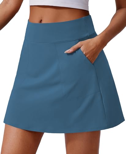 Pinspark Tennis Skirts For Women High Waisted Golf Skorts With 4 Pockets Knee Length Athletic Skort Uv Protection Active Skirt, Dark Blue Large