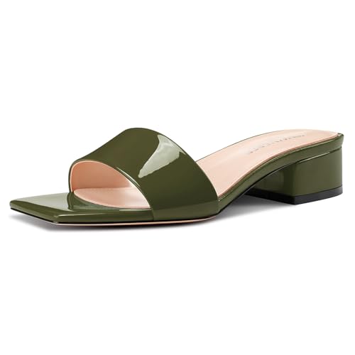 Image of TNYNFBEB Womens Chunky Block Low Heel Open Square Toe Sandals Mules Shoes Slip-on Prom Party Dress Patent Leather 1.4 Inches Heels