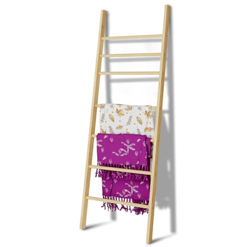 Delywh Wooden Blanket Ladder, Wood Towel Throw Blanket Ladders for The Living Room, Bedroom, Nursery, Farmhouse Decorative Ladders for Home Decor Blankets Holder Rack Display, Nature Wood