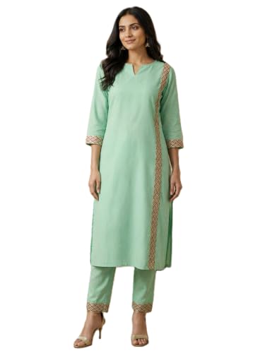 Image of Yash Gallery Women's Cotton Embroidered Straight Kurta & Pant Ethnic Wear