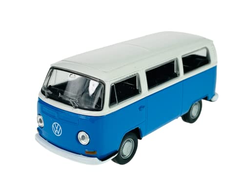 Scala 1:34 - 1:39 Welly Modello Auto Compatibile con VW Volkswagen T2 Blu con tetto bianco Bus Transporter 1967 – 1979 ca 1/34 – 1/39 Metal Model Auto Die Cast