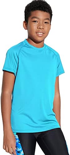 DEVOROPA Youth Boys Rash Guard Toddler Swim Shirts Short Sleeve Sun Shirts Lightweight Quick Dry UPF 50+ Kids Surf Swimsuit Crew Neck Blue L