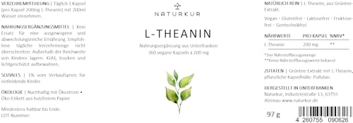 Naturkur® L-Theanin 200mg - 360 Kapseln im Apothekerglas - Vegan, ohne Zusatzstoffe, in Handarbeit hergestellt in Unterfranken