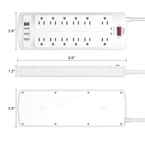 Image of 6 Feet Extension Cord Power Strip, Yintar Surge Protector with 12 AC Outlets and 4 USB Ports, 2700 Joules, ETL Listed, White