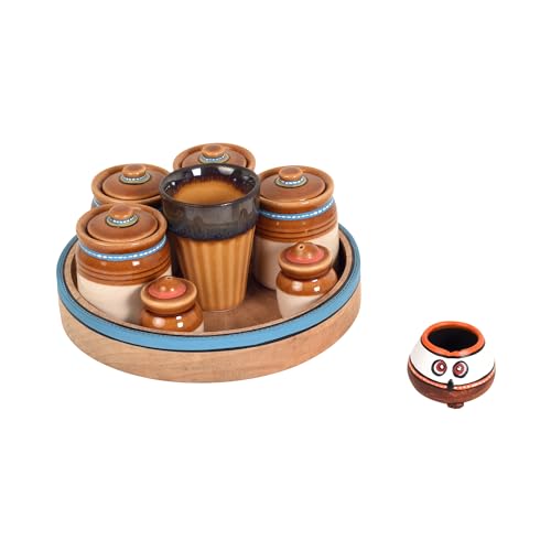 Image of AAKRITI ART CREATIONS Heritage Flavor Kit with Tray | Set of 4 Ceramic Achar ki Barni & Mukhwas Box | Includes Glass, Toothpick Holder, Salt & Pepper Shakers & Spoons