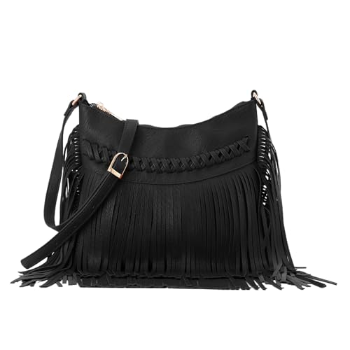 Fecialy Vintage Fringe hobo bags for Women PU Leather Tassel Crossbody Shoulder Bag Western Fringe Purse