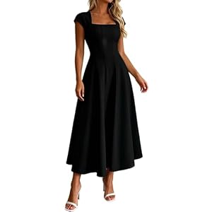Robe Mi-Longue Été Femme Double Encolure Col Carré Col V Manches Courtes Bouffantes Taille Haute Jupe Ample Fluide Modèle Uni et à Fleurs Léger Respirant Robe de Plage Sortie Elégante(5-Black,S)