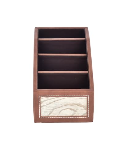 Image of Premsons Classic Remote Holder - 4 Section Tabletop Organizer in Light Brown | Faux Leather with Refined Wooden Finish | Decorative & Practical Organizer - Brown