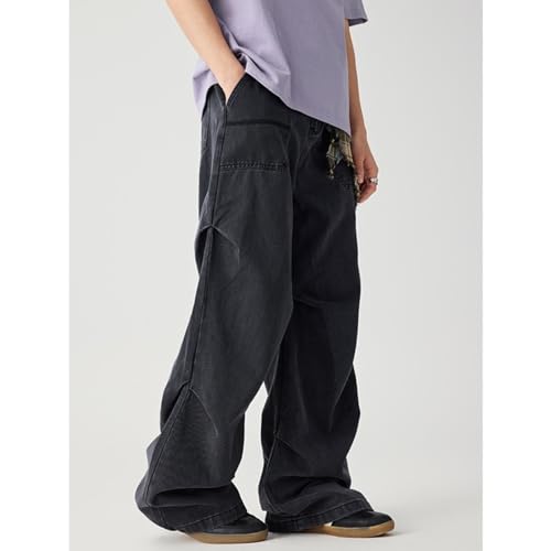 Y2k Washed Jeans for Mens Fashion Pleated Mid-Rise Loose Fit Denim Pants Streetwear3