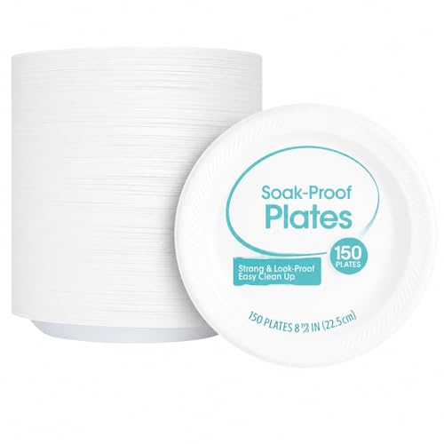 TIMPHO 9-Inch Soak-Proof Disposable Foam Plates, Heavy-Duty Leak Resistant Round Plates for Hot & Cold Foods, 150 Count Party Supply Pack