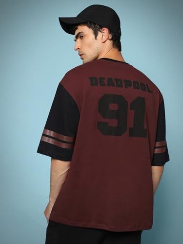 Image of Bewakoof X Marvel Deadpool Men's 100% Cotton Graphic Print Oversized Fit Half Sleeve Round Neck T-Shirt | Casual Wear | Street Wear | Oversized t Shirt for Men Cotton | Baggy