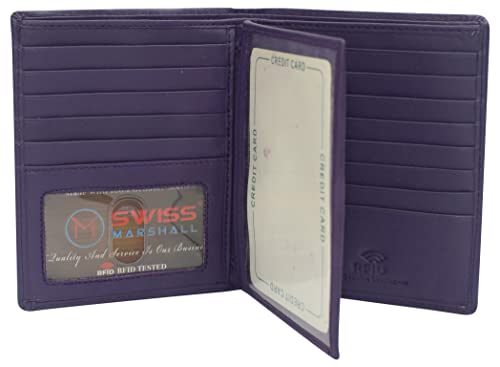 MARSHAL Bifold Genuine Leather RFID Blocking Wallet For Men Card Slots, 2 Bill Compartments, ID Windows, Money, (CN Purple)