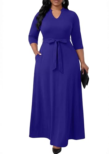 Image of FANDEE Maxi Dress for Women, Casual V Neck 3 /4 Sleeve Long Dresses with Pockets