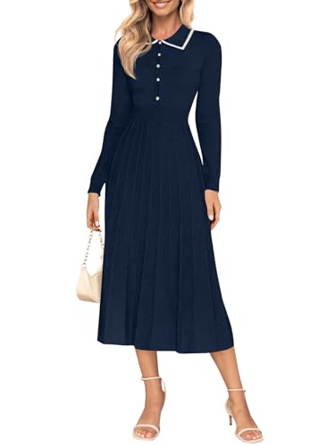 MIROL Women's Pleated Contrast Sweater Dress 2025 Fall Long Sleeve Button Lapel Collar Maxi Bodycon Dress4