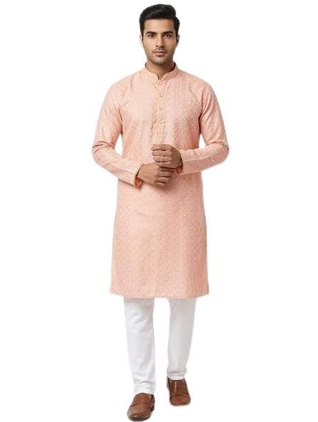 Men's pink and white printed Kurta Pyjama Set with Mandarin Collar (M)-image-36
