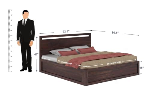 Image of Wooden Queen Size Hydraulic Bed for Bedroom | Solid Sheesham Wood Double Bed Cot Bed with Storage | Walnut Finish