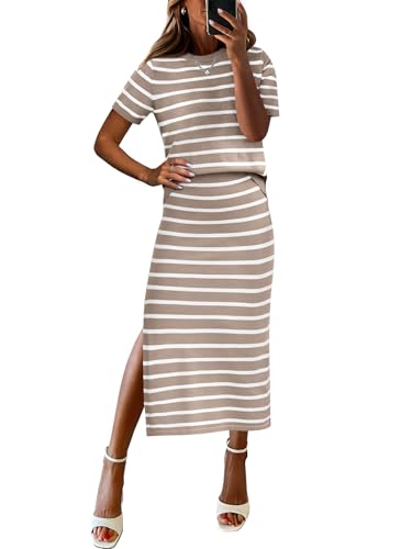 ANRABESS Womens 2 Piece Skirt Sets Striped Knit Sweater Midi Dress Comfy Cute Lounge Casual Travel for Summer or Early Fall Beige White Medium