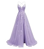 Tulle Lace Appliques Prom Dresses Long Ball Gown for Women Spaghetti Straps Corset Backless Evening Dress-Size 16, Lavender
