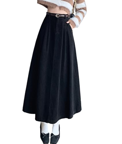 Femiserah Women's Corduroy Long Skirt Elastic High Waist A-Line Pleated Long Skirt with Pockets