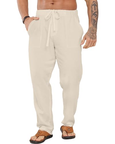 LVCBL Herren Stoffhose Leinenhose mit Kordelzug Sommer Strandhose Khaki M