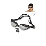 [エスフォーアール] スイミング 水泳 ゴーグル ミラー レンズ ３Dクッション構造で優しい 曇り止め UV カット ケース 付き (Black)