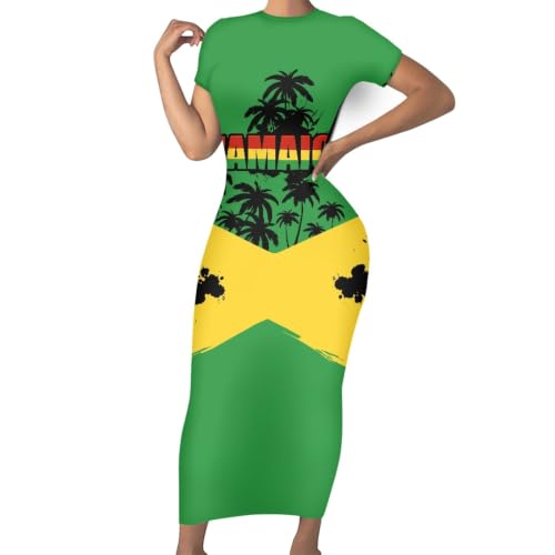 Image of Womens Short Sleeve Jamaican Flag Midi Bodycon Dress | Soft stretchy fabric,crew neck,jamaican print casual date night cocktail party, elegant chic, spring summer fall all season