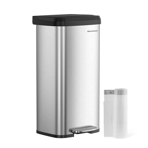 SONGMICS Kitchen Bin 18 Gallon (68 L) Rubbish Bin Metal Waste Pedal Bin with Lid Tall and Large Silver and Black LTB520E68