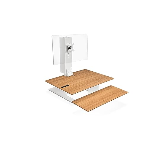 Image of UPLIFTDESK E7 30 inch Electric Standing Desk Converter - Adjustable Sit to Stand Desk Risers, 110 lb Capacity, Memory Keypad, Single Monitor Desktop Workstation for Home Office, White /Bamboo