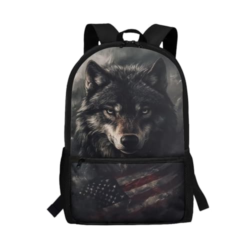 Girls Bookbags Ages 9-12 American Flag Wolf Backpack for Boys Preschool Lightweight 17 Inch School Bags with Front Pockets for Kindergarten Childrens Daily Wear or Casual Daypack