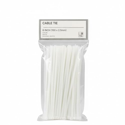 Hasanat Essenentials Self Locking Cable Ties 100 Pieces | Heat Resistant Cable Zip Ties Self-Locking Cable Organizer Anti Slip Wire Organizer Indoor Outdoor Use (White 6 inch 150 x 2.5)
