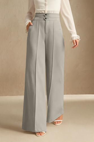 Image of SAKHWALA Women's High Waist Wide Leg Formal Trousers with Double Button Waistband | Office Wear & Casual Wear Pants with Side Pockets - Beige, Grey & Pink