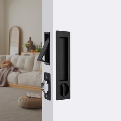 Dontay Pocket Door Privacy Lock with Edge Pull,Invisible Recessed Handle Latch Sliding Doors Lock, for 1 3/8'' to 2 3/16'' Thickness Barn Door Hardware (1, Matte Black)