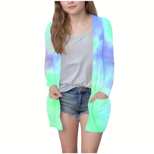 Tie Dye Cardigans for Girls Kids Open Front Long Sleeve Cardigan Sweater Coats Fall Tops with Pockets 5-14 Years