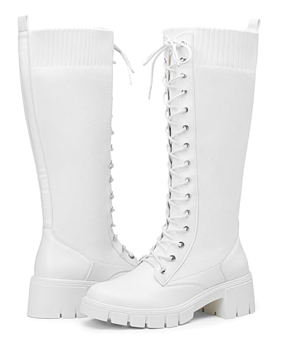 Image of Vepose Women's 953 Knee High Combat Boots Chunky Platform Heel, Lace Up Gothic Punk Work Boots for Dresses and Jeans