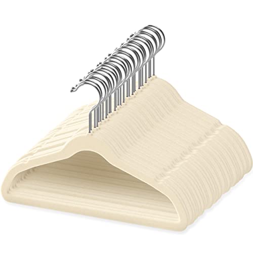 Image of TechZoo 50 Premium Baby Velvet Hangers - 11.8" Non-Slip, Ultra-Slim Space-Saving Children Closet Hangers - 360° Swivel Hook, Strong & Durable Infant & Toddler Clothes Hangers for Wardrobe - Ivory