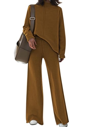 Pink Queen Damen 2-teiliges Stehkragen Pullover Lounge-Set Strickpullover Hose weitem Bein Trainingsanzug Outfits Braun L