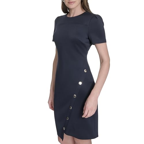 Image of Tommy Hilfiger Women's Short Sleeve Jewel Neck Colorblock Studded Asymmetrical Hem Crepe Mini Dress