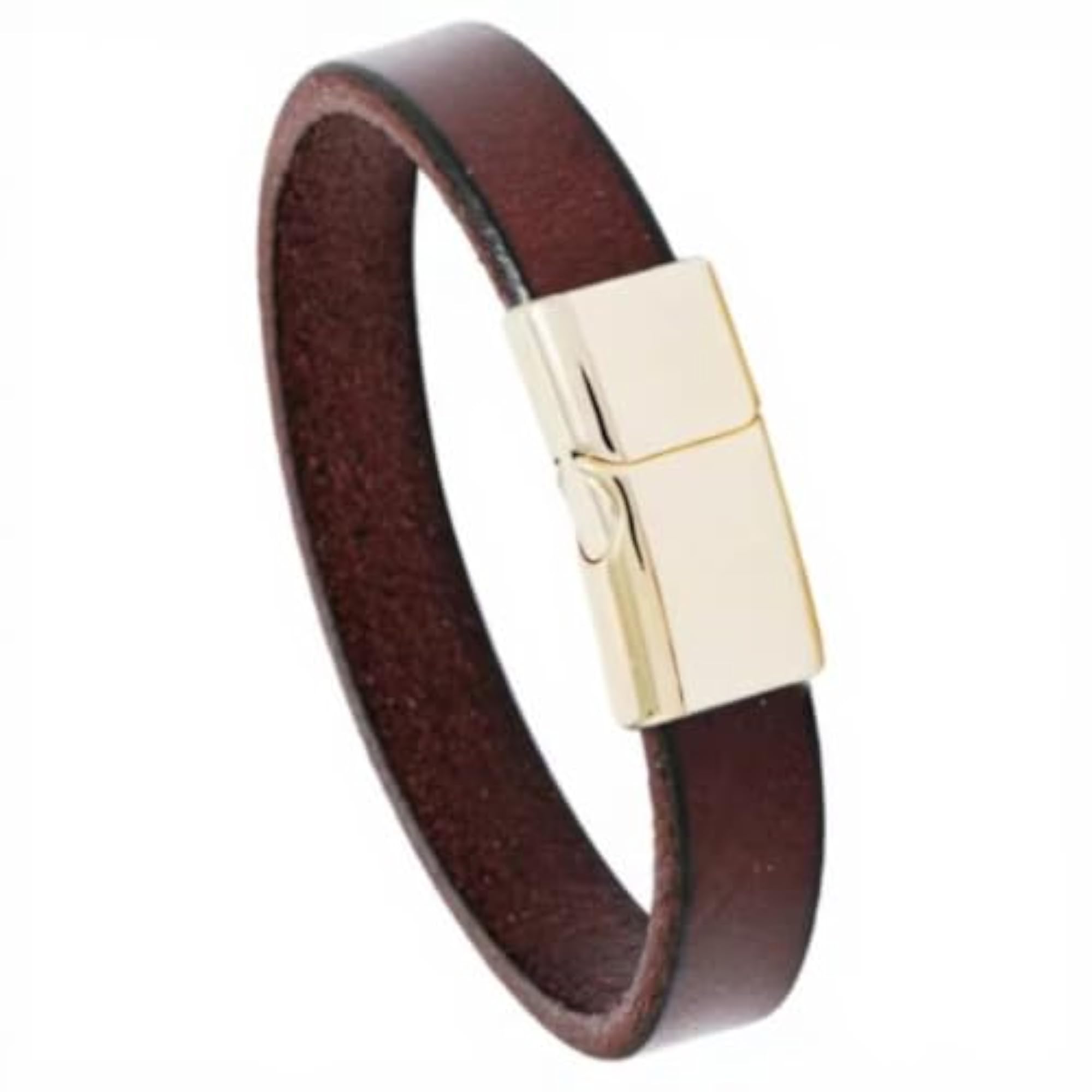 Brown Leather Bracelet with Gold-Tone Magnetic Clasp