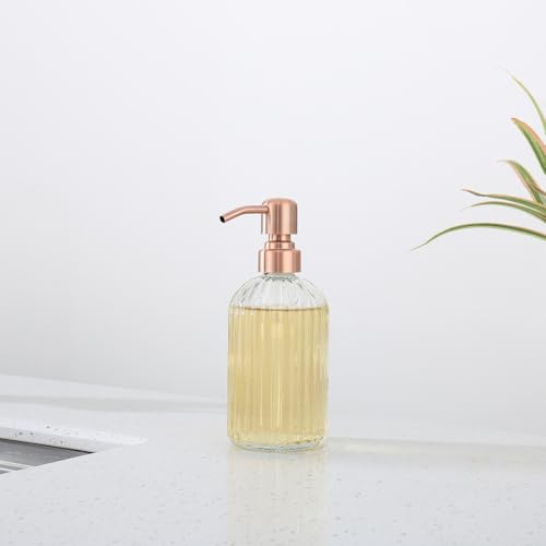 Image of Glass Soap Dispensers for Kitchen and Bathroom, 16oz Heavey Glass Bottle, Stainless Steel Red Copper Pump,Clear Farmhouse Bathroom Soap Dispenser
