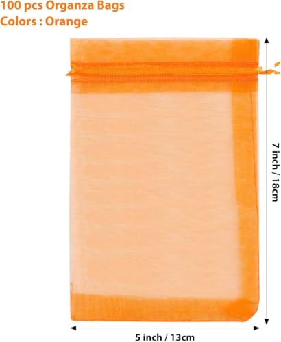 Image of ANZNKU 100PCS Orange Organza Bags 5x7 inches Mesh Bags Drawstring, Gift Bag for Easter, Wedding Mesh Festival Makeup Organza Party Favor Bag, Sheer Mesh Pouches Drawstring