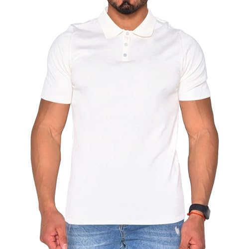 Polo para hombre, corte ajustado, con cuello, transpirable, informal, liso, de piqué de algodón, disponible, blanco, XXL