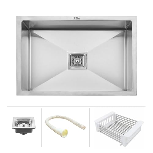 Image of LIPKA Silver Range Premium Stainless Steel - Handmade Single Bowl Kitchen Sink (24 inchx18 inchx10 inch) |Matte Finish with Waste Pipe & Sink Coupling