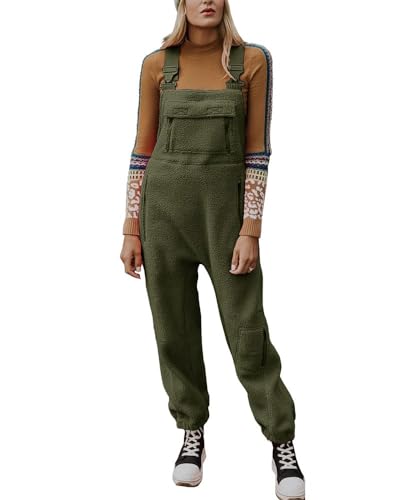 yoeasy Womens Warm Fleece Fuzzy Overalls Sleeveless Winter Loose Adjustable Strap Bib Jumpsuits With Pockets (X-Large Army Green)