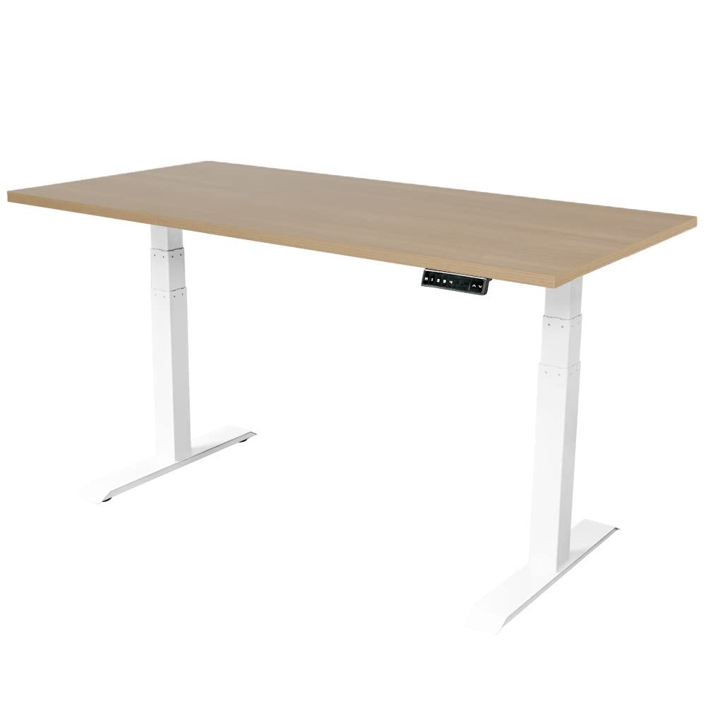 Elektrycznie regulowane biurko – 140 x 80 cm – podwójny silnik – białe z dębem