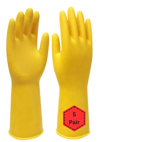Image of Natural Rubber Household Gloves - Reusable & Waterproof for Cleaning, Dishwashing, Kitchen & Bathroom Use - Comfortable Fit with Non-Slip Grip - Durable & Long-Lasting (Yellow, 5 Pair)
