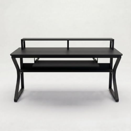 Image of TEKAVO Plik Computer Table for Home Pc | Office Table for Home | Shelf, Moniter Riser & Keyboard Tray, Laptop Table, Worktable, Study Table, Workstation | Black Wood, Metal, (150 Cm x 60 Cm) DIY