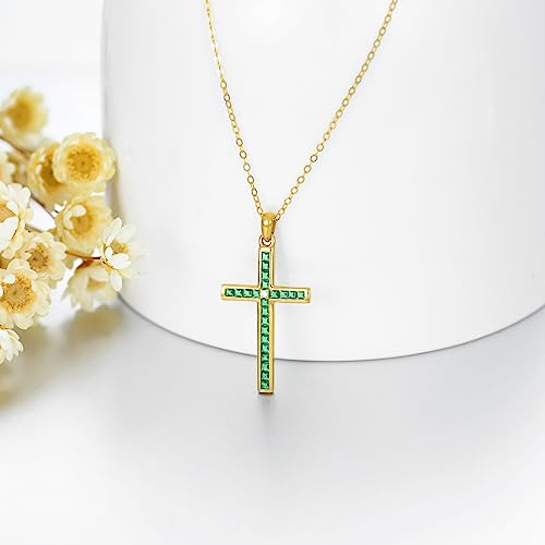 SISGEM 14K Gold Emerald Cross Necklace for Women,Yellow Gold Moissanite Cross Pendant Necklaces Religious Jewelry Anniversary Birthday Gifts for Wife Mom,16''-18''4