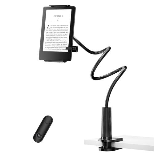 HIGPTWIREL Kindle Holder with Remote Page Turner Reading Stand for Bed Desk with Clicker for Kindle Paperwhite Oasis iPad iPhone and More Black Page Turner