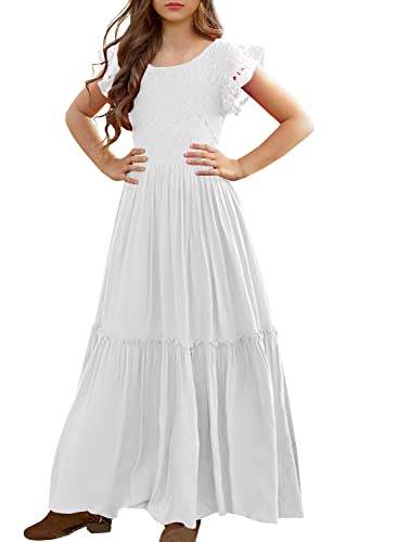 Image of MITILLY Girls Lace Flower Ruffle Sleeve A-Line Swing Wedding Party Maxi Dress with Pockets