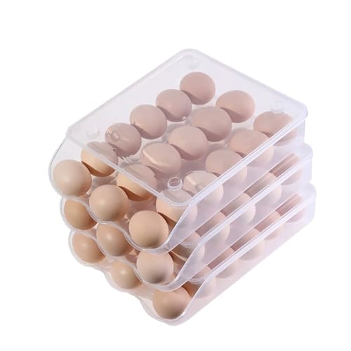 大容量卵ホルダー、冷蔵庫用ローリング卵保存容器、蓋付き冷蔵庫用卵オーガナイザー、透明プラスチック卵ディスペンサー、卵トレイ(Clear,25.5x21x18cm/10x8x7")